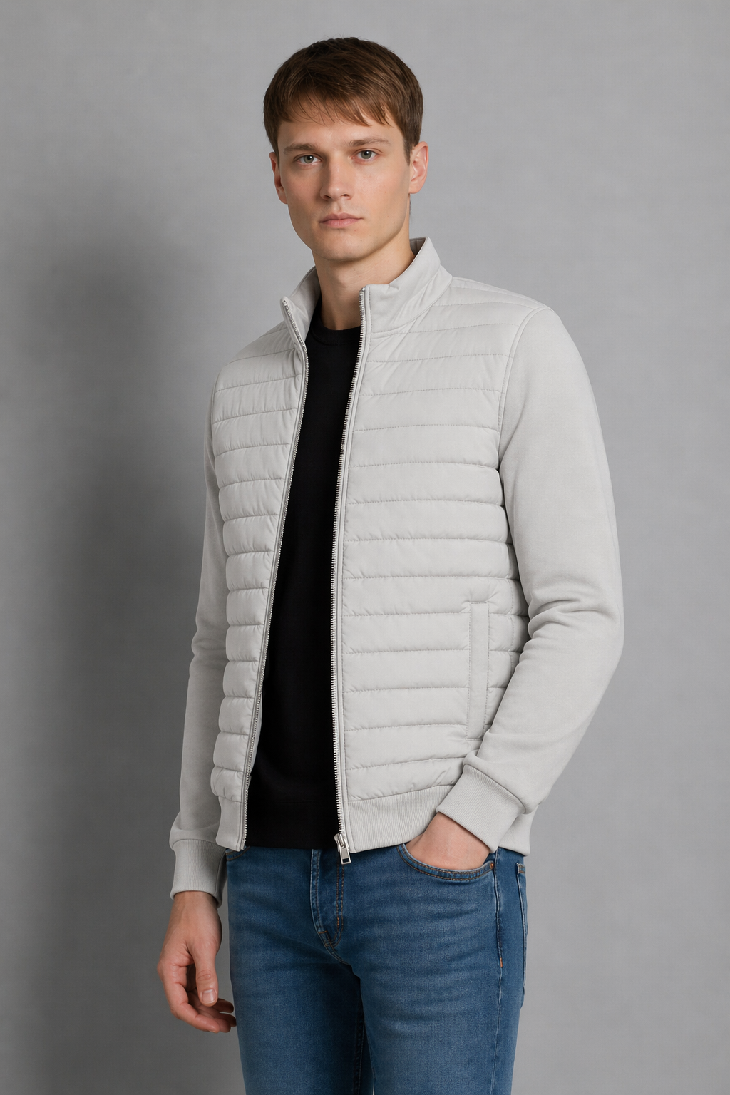 Hybrid Quilted Jacka med Ribbstickade Ärmar | Albin – Vit