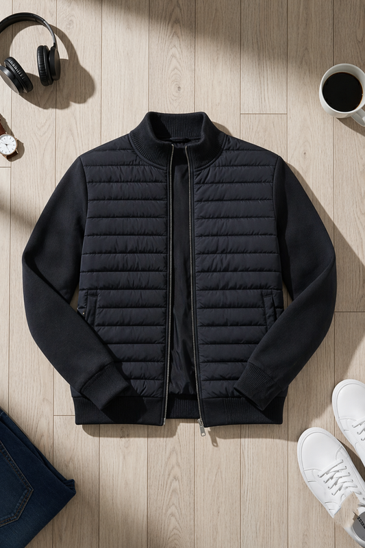 Hybrid Quilted Jacka med Ribbstickade Ärmar | Anton – Svart