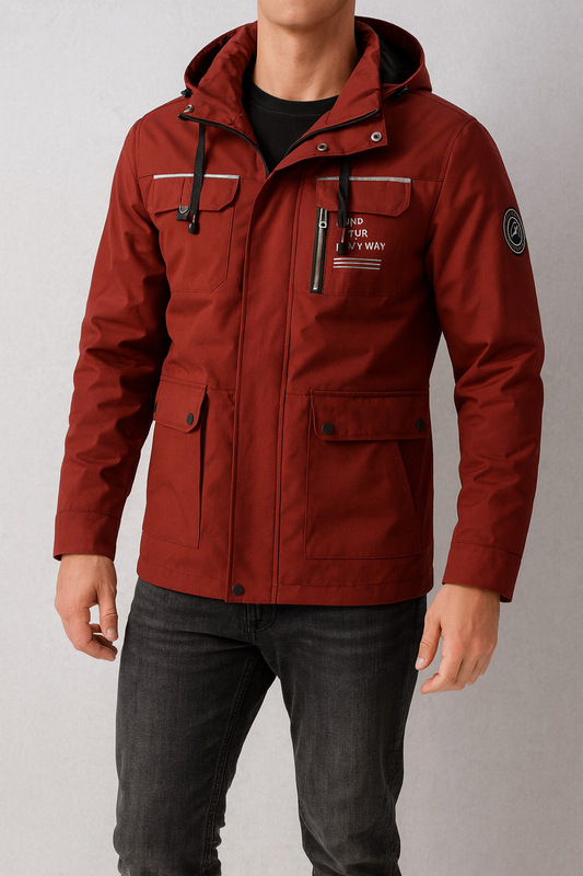 Herrjacka med huva och flera fickor