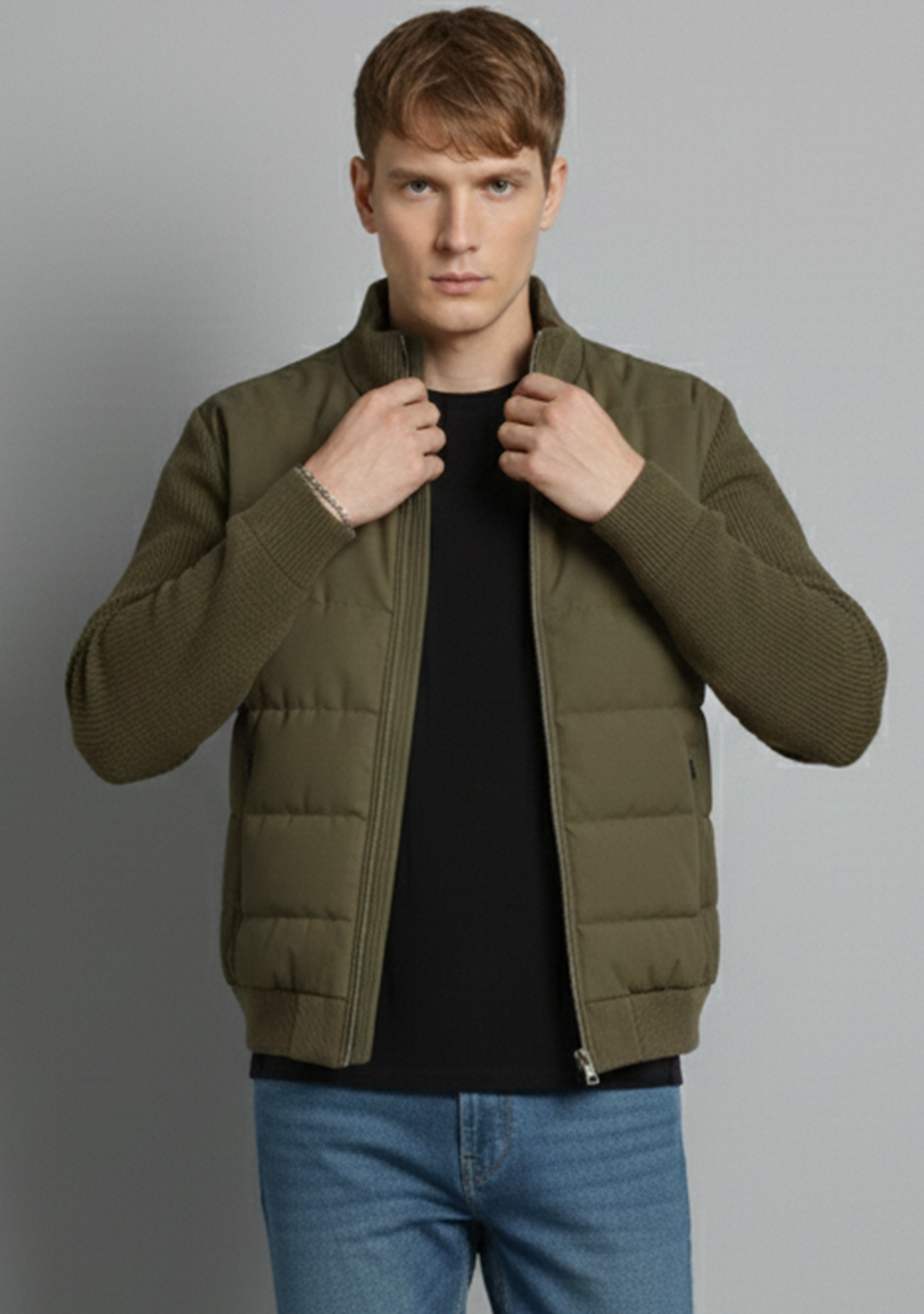 Hybrid Quilted Jacka med Ribbstickade Ärmar | Nils – Olivgrön