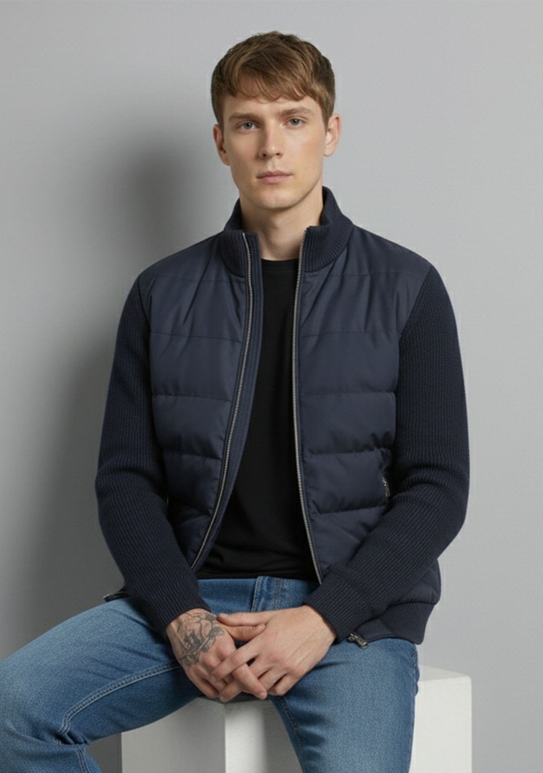 Hybrid Quilted Jacka med Ribbstickade Ärmar | Anton – Svart