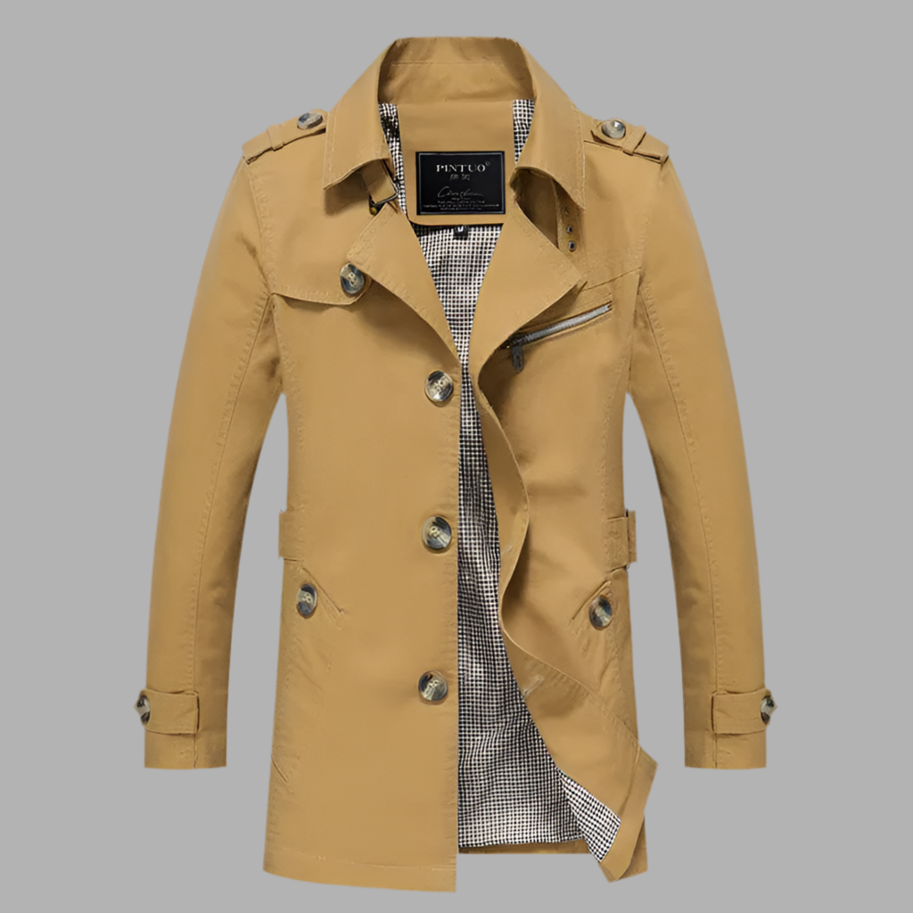 Lång herrkappa med dubbel rad knappar och epåletter