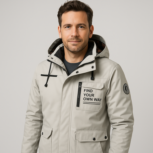 Herrjacka med huva och flera fickor