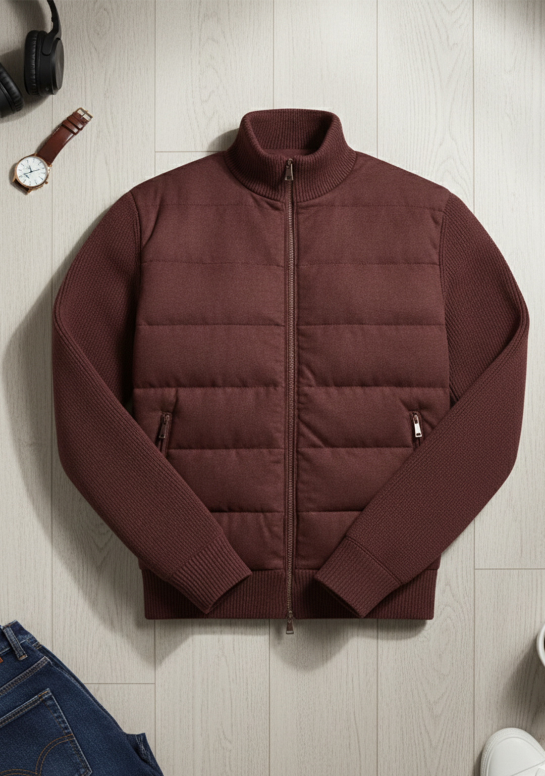 Hybrid Quilted Jacka med Ribbstickade Ärmar | Henrik – Vinröd