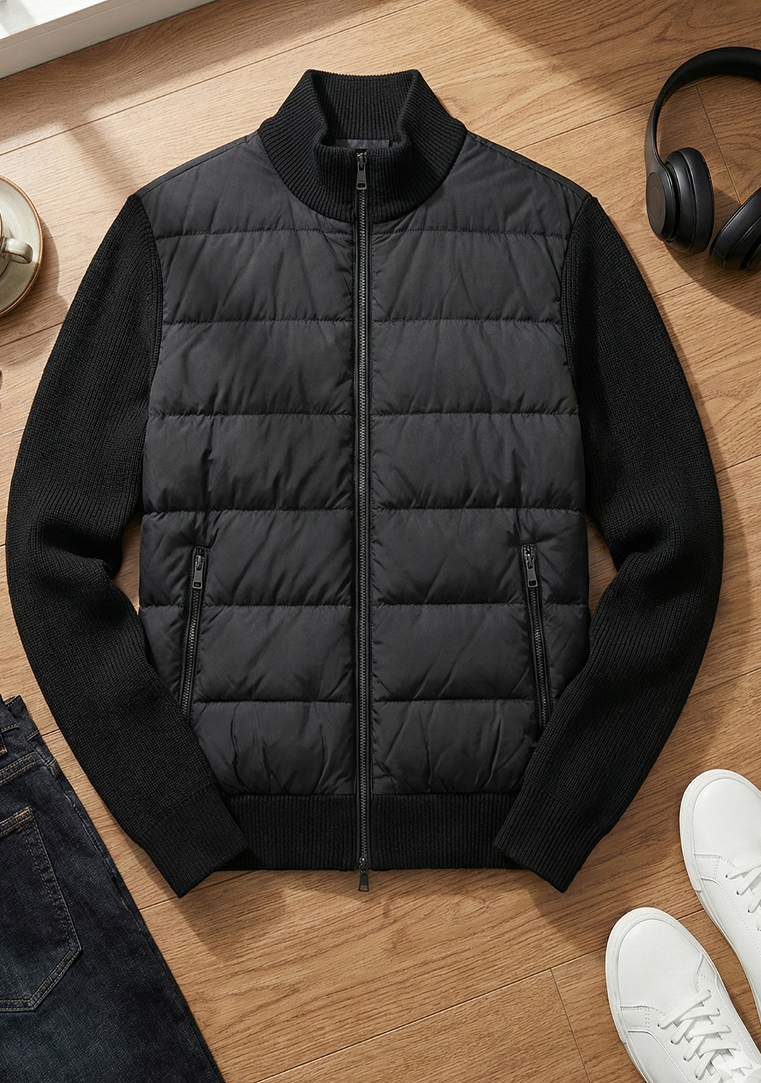 Hybrid Quilted Jacka med Ribbstickade Ärmar | Viktor – Kolsvart