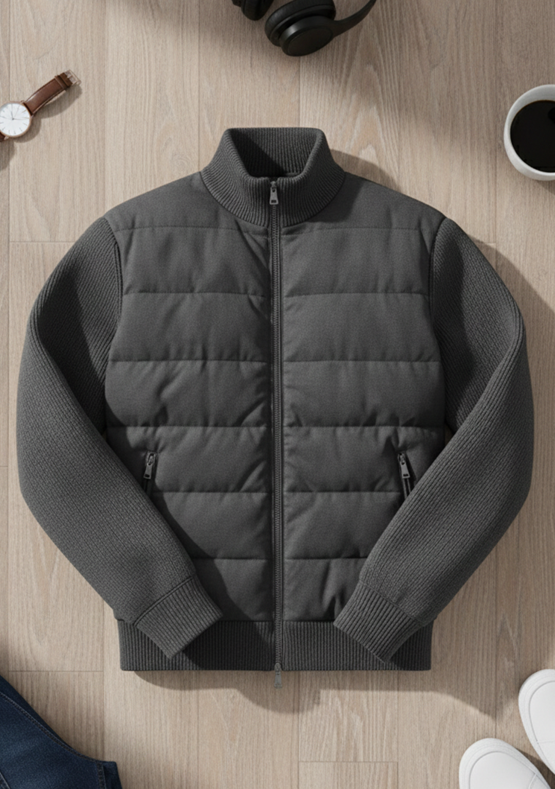 Hybrid Quilted Jacka med Ribbstickade Ärmar | Lukas – Mörkgrå