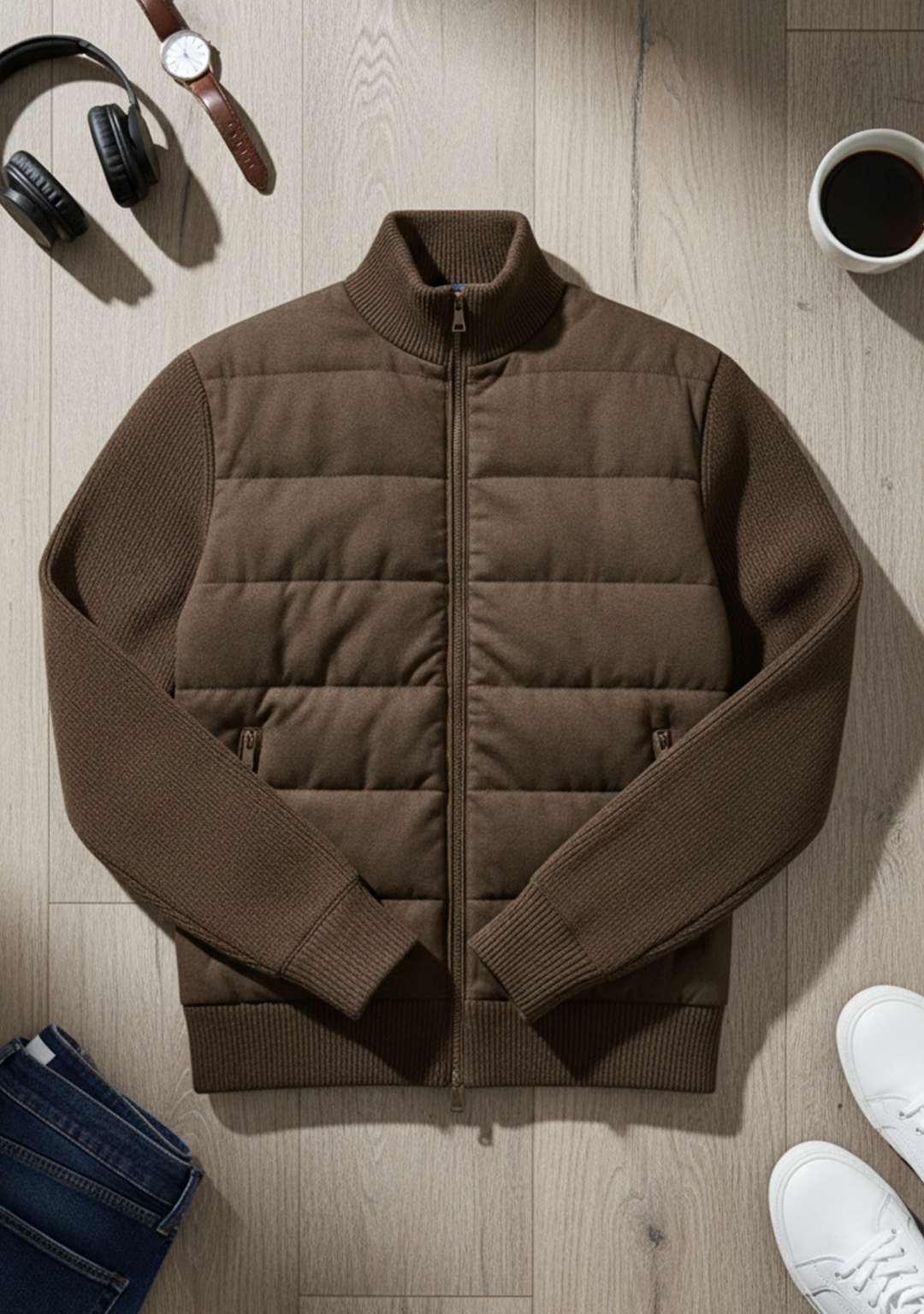 Hybrid Quilted Jacka med Ribbstickade Ärmar | Johan – Brun