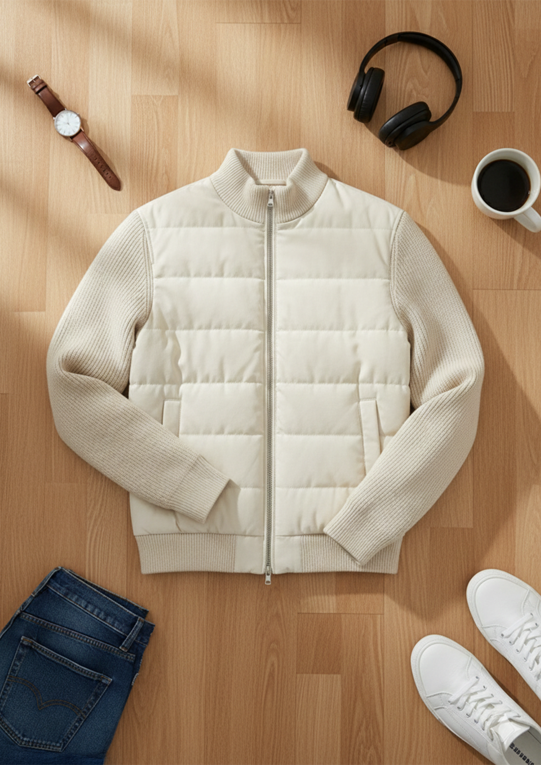 Hybrid Quilted Jacka med Ribbstickade Ärmar | Albin – Vit