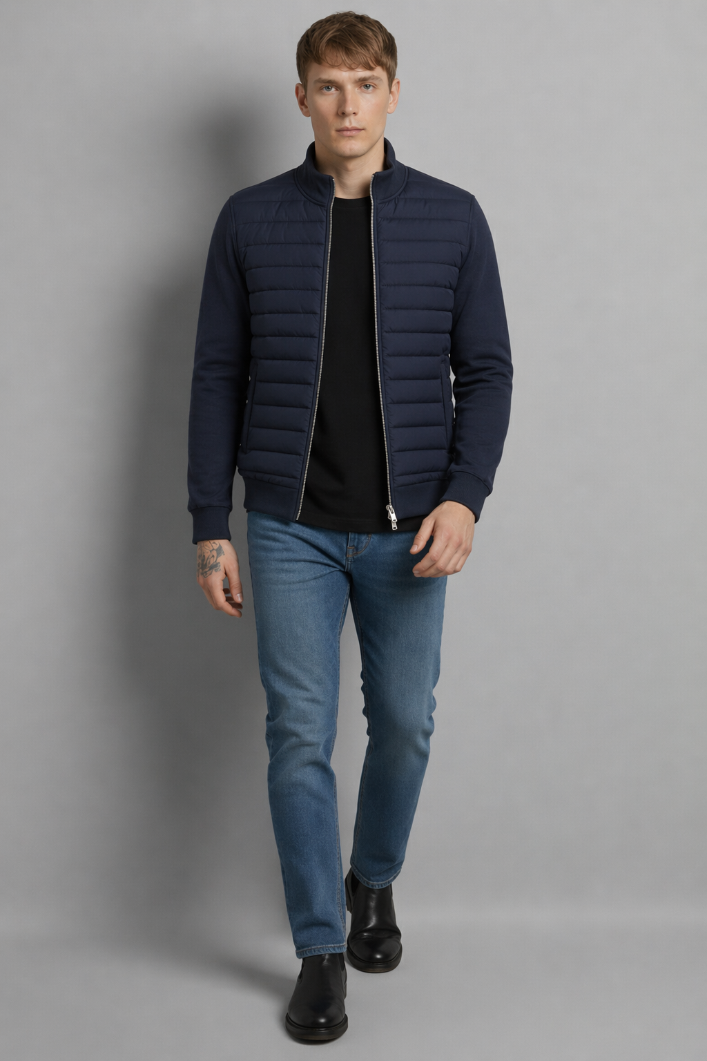 Hybrid Quilted Jacka med Ribbstickade Ärmar | Oskar – Marinblå