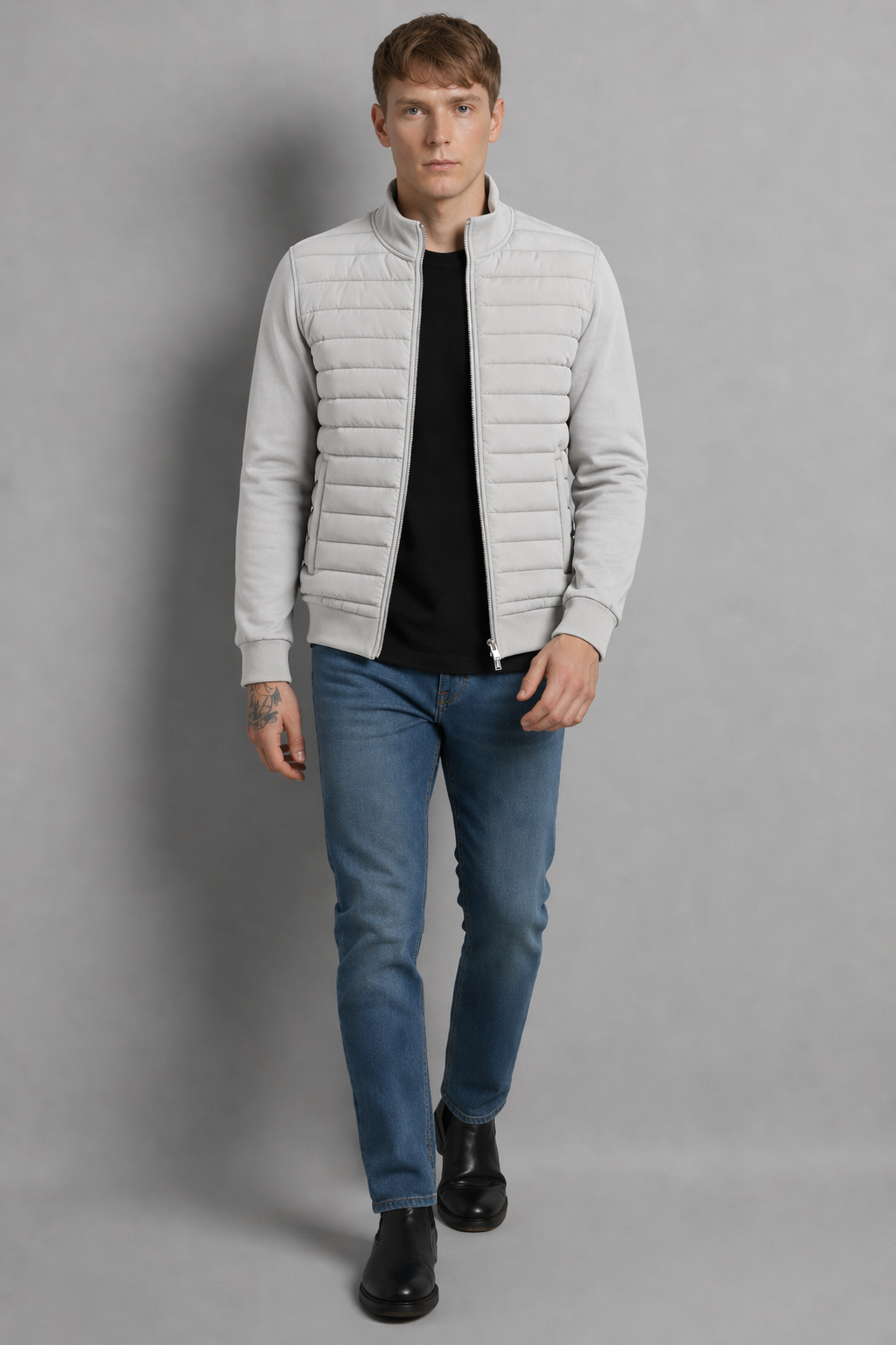 Hybrid Quilted Jacka med Ribbstickade Ärmar | Albin – Vit