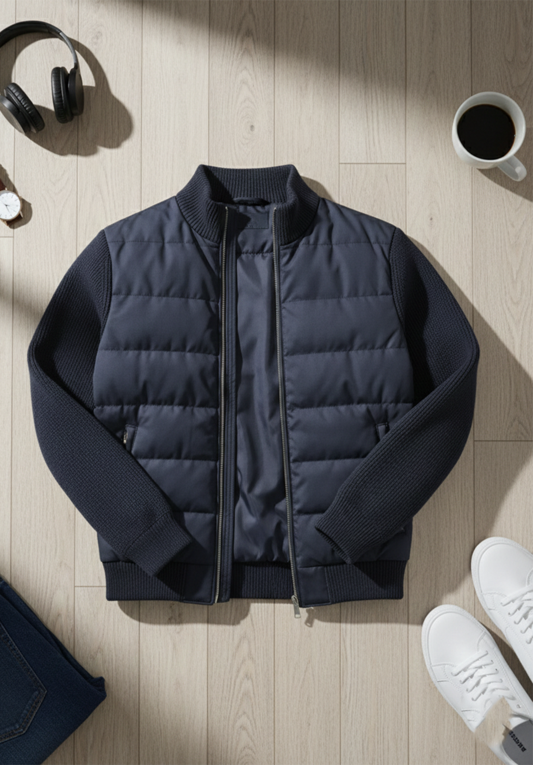 Hybrid Quilted Jacka med Ribbstickade Ärmar | Anton – Svart