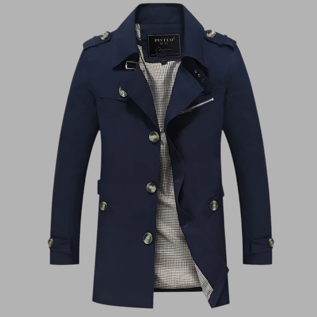 Lång herrkappa med dubbel rad knappar och epåletter