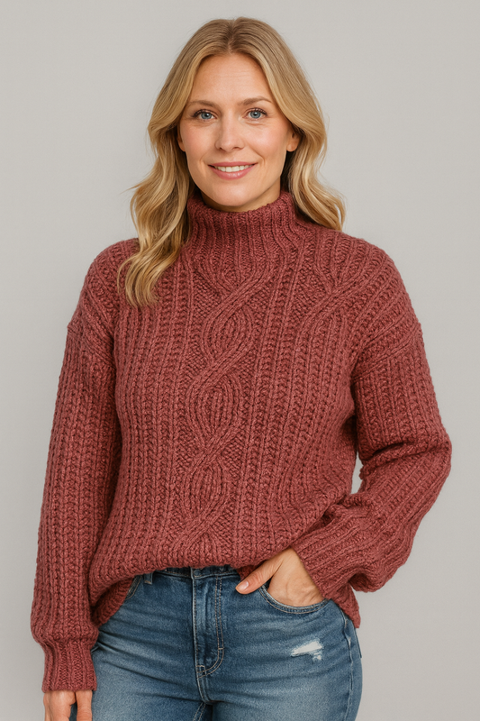 Stickad tröja med hög krage och grov struktur 