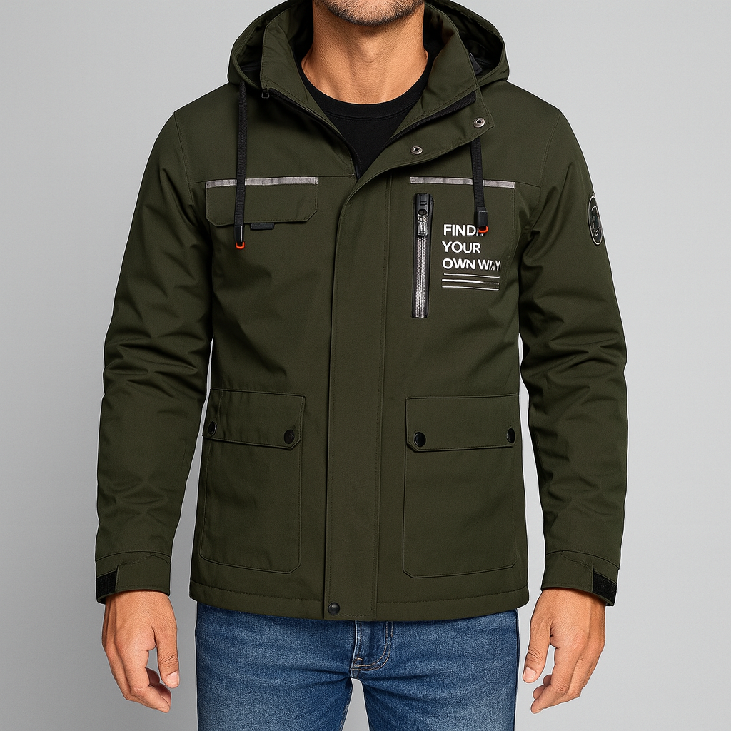 Herrjacka med huva och flera fickor