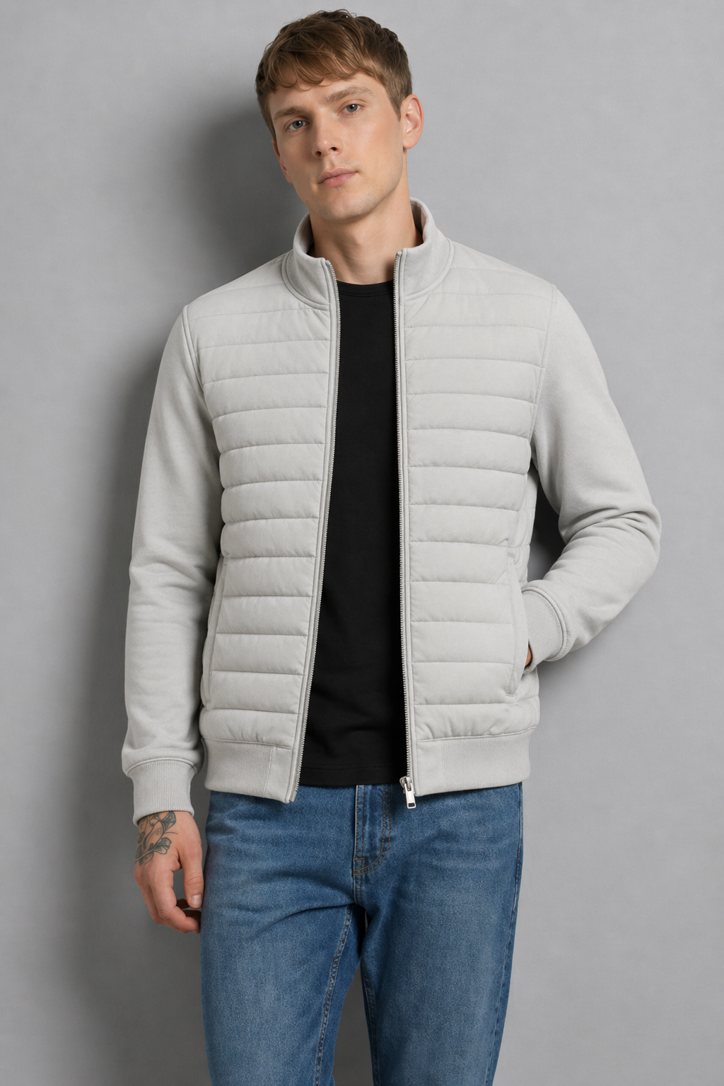 Hybrid Quilted Jacka med Ribbstickade Ärmar | Albin – Vit