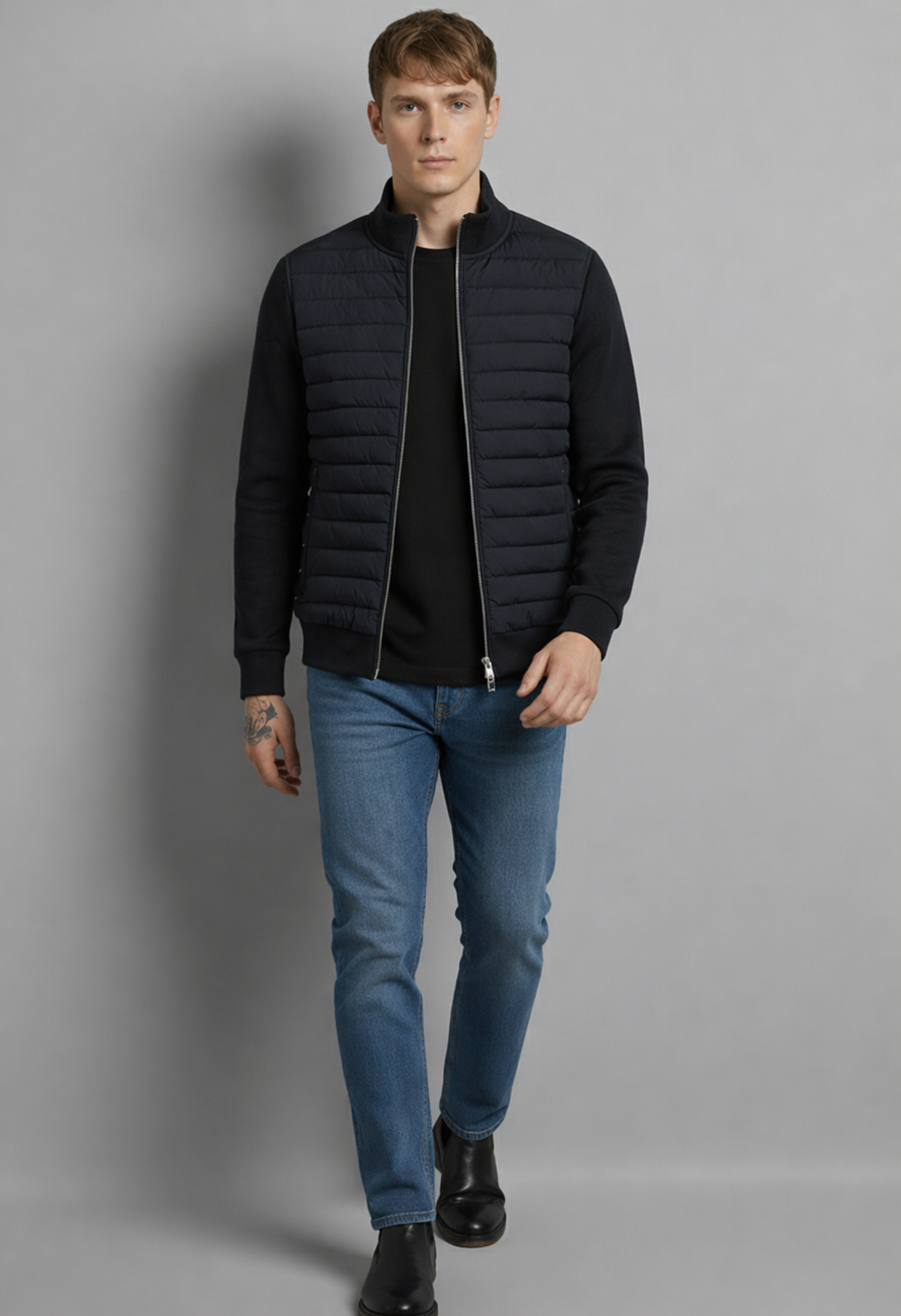 Hybrid Quilted Jacka med Ribbstickade Ärmar | Anton – Svart