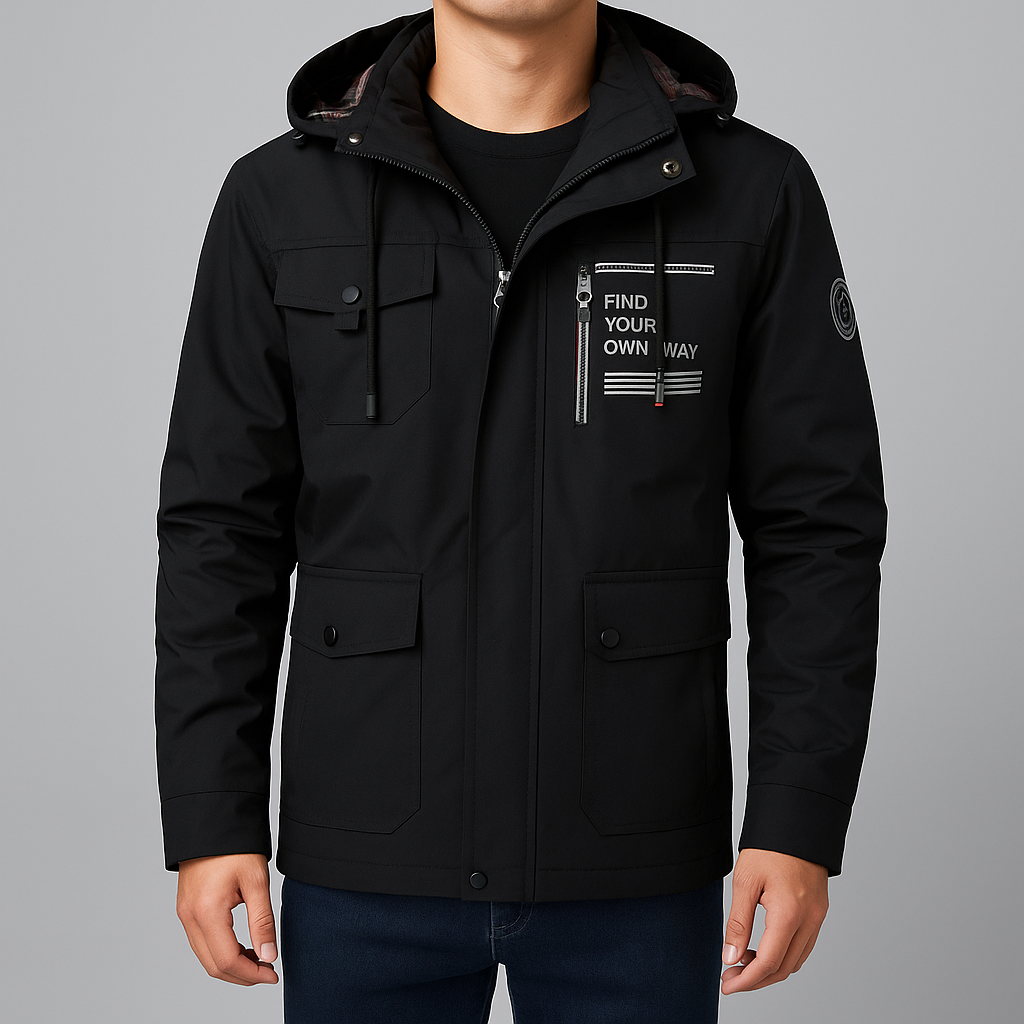 Herrjacka med huva och flera fickor