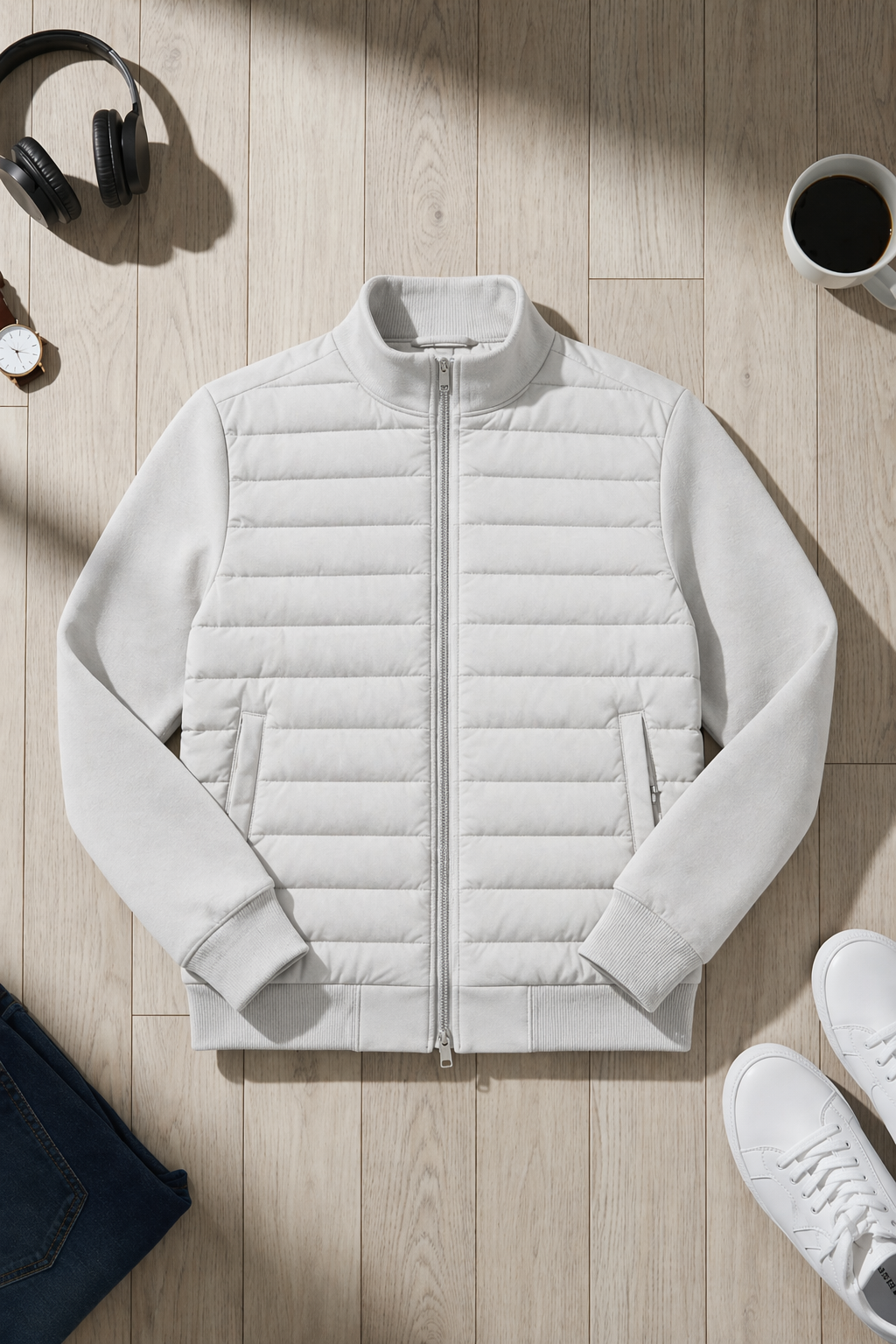 Hybrid Quilted Jacka med Ribbstickade Ärmar | Albin – Vit