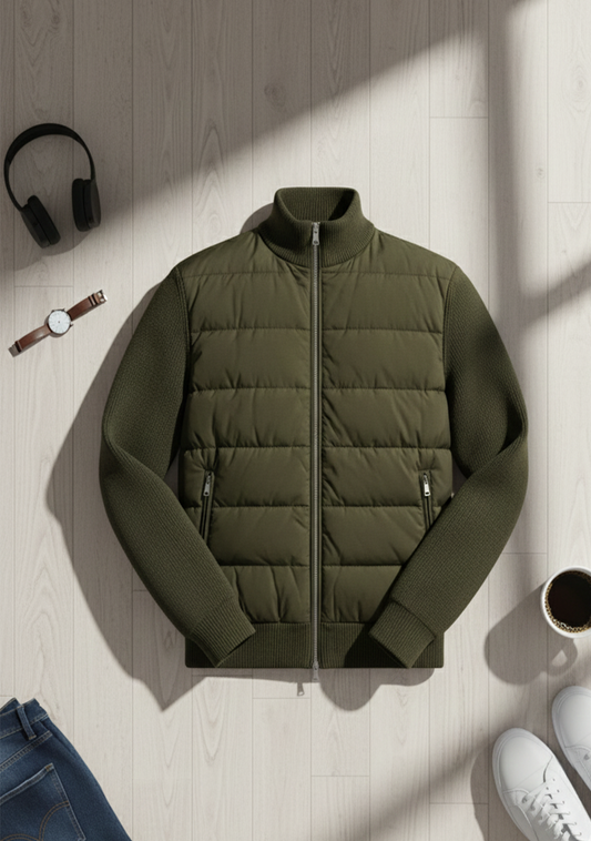 Hybrid Quilted Jacka med Ribbstickade Ärmar | Nils – Olivgrön
