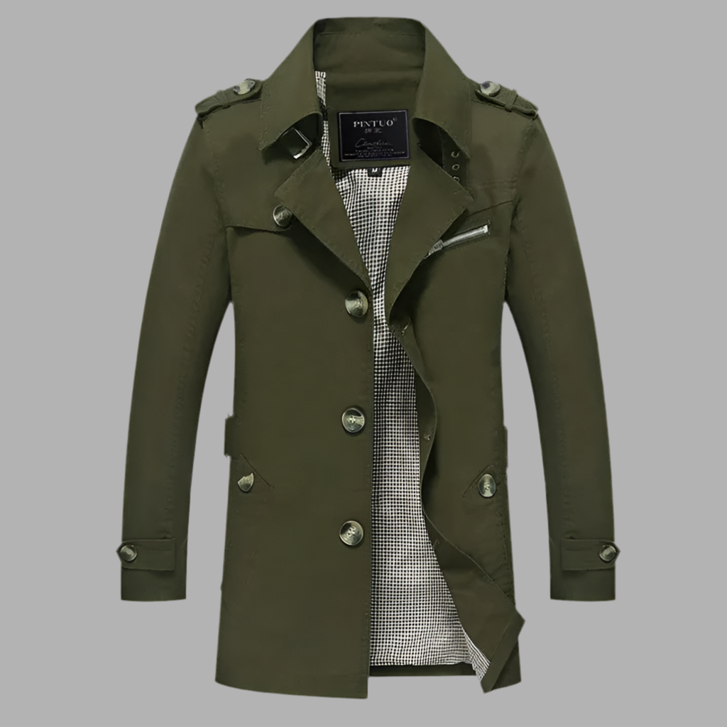 Lång herrkappa med dubbel rad knappar och epåletter