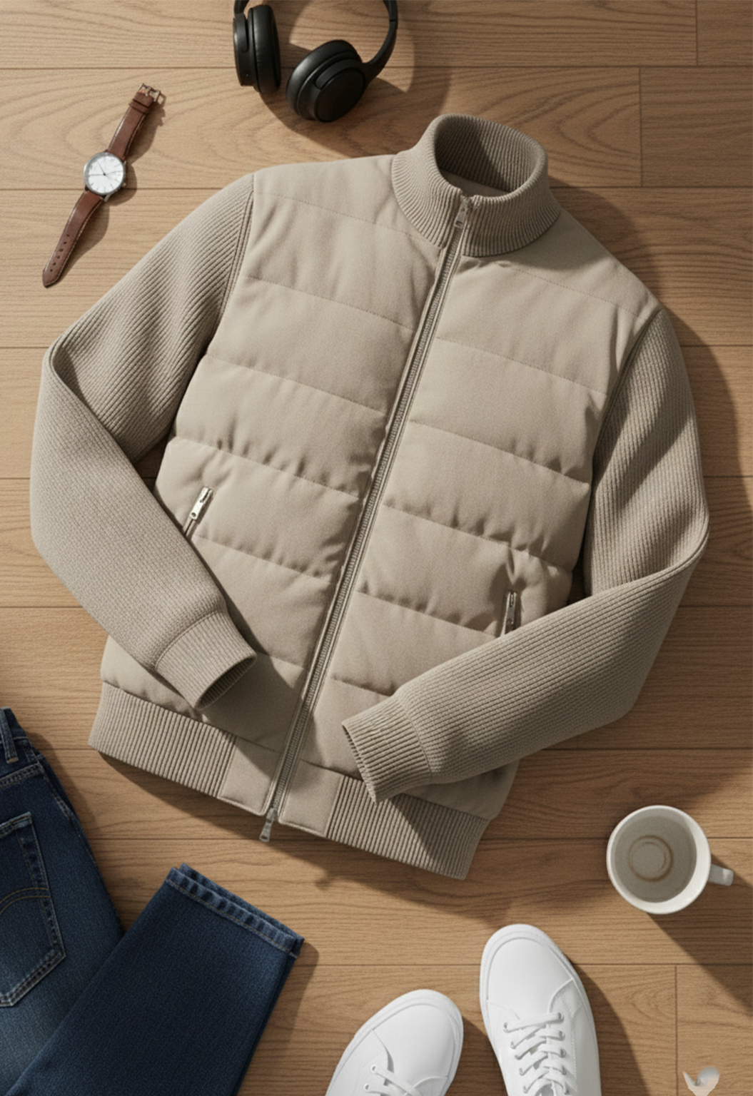 Hybrid Quilted Jacka med Ribbstickade Ärmar | Elias – Beige