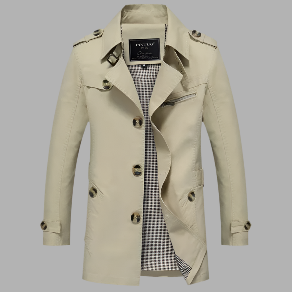 Lång herrkappa med dubbel rad knappar och epåletter