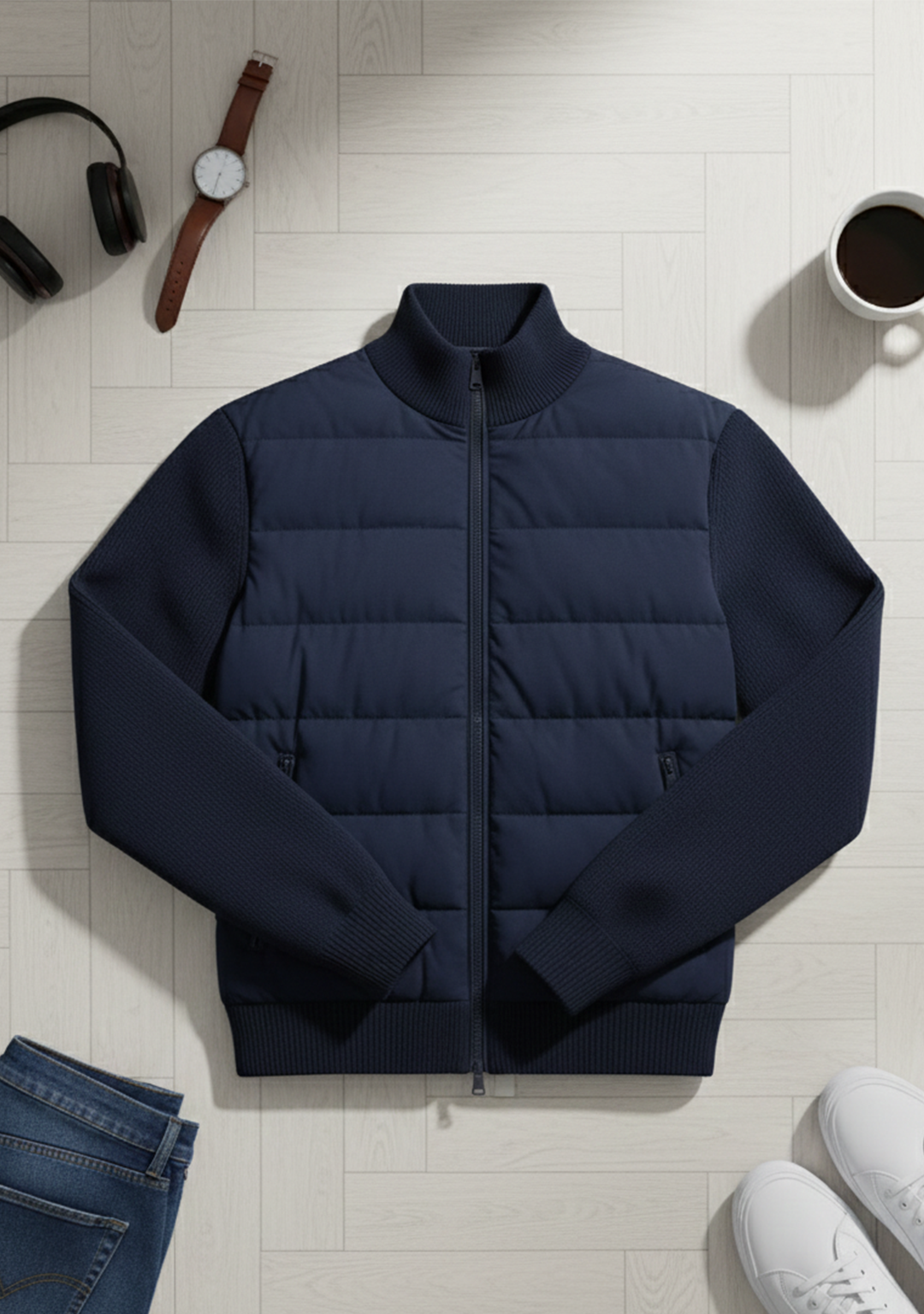 Hybrid Quilted Jacka med Ribbstickade Ärmar | Oskar – Marinblå