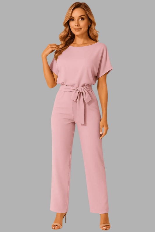 Dames jumpsuit med ceintuur en rätte pijpen