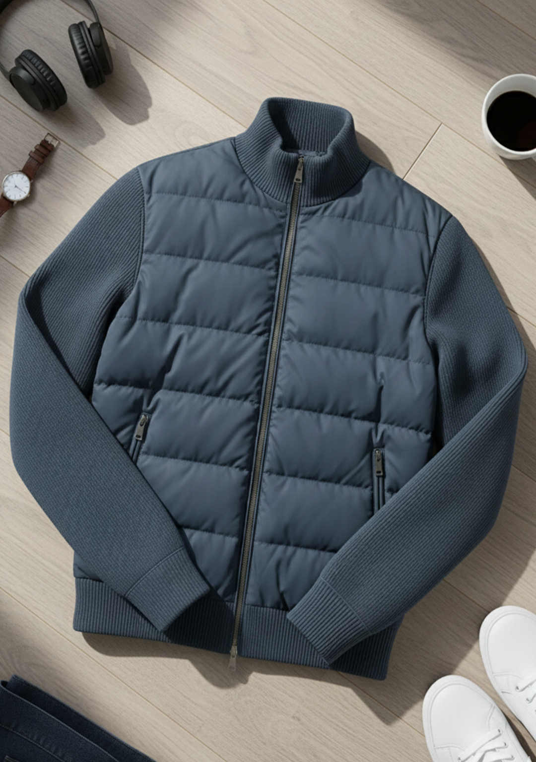 Hybrid Quilted Jacka med Ribbstickade Ärmar | Erik – Blå