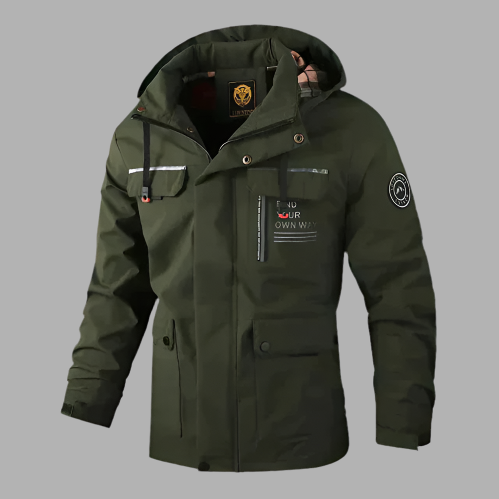 Herrjacka med huva och flera fickor