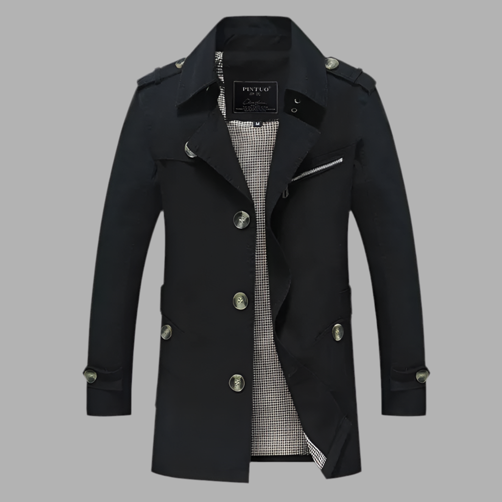 Lång herrkappa med dubbel rad knappar och epåletter