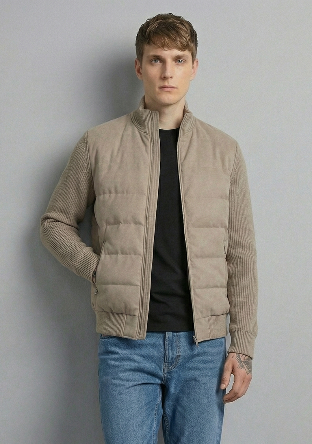 Hybrid Quilted Jacka med Ribbstickade Ärmar | Elias – Beige