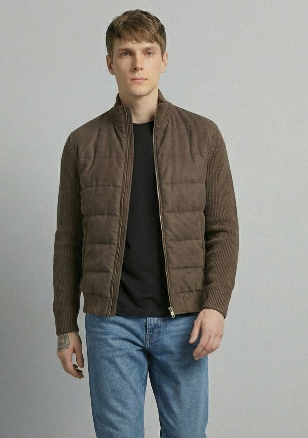 Hybrid Quilted Jacka med Ribbstickade Ärmar | Johan – Brun