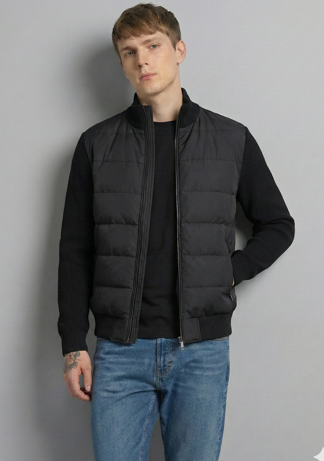 Hybrid Quilted Jacka med Ribbstickade Ärmar | Viktor – Kolsvart