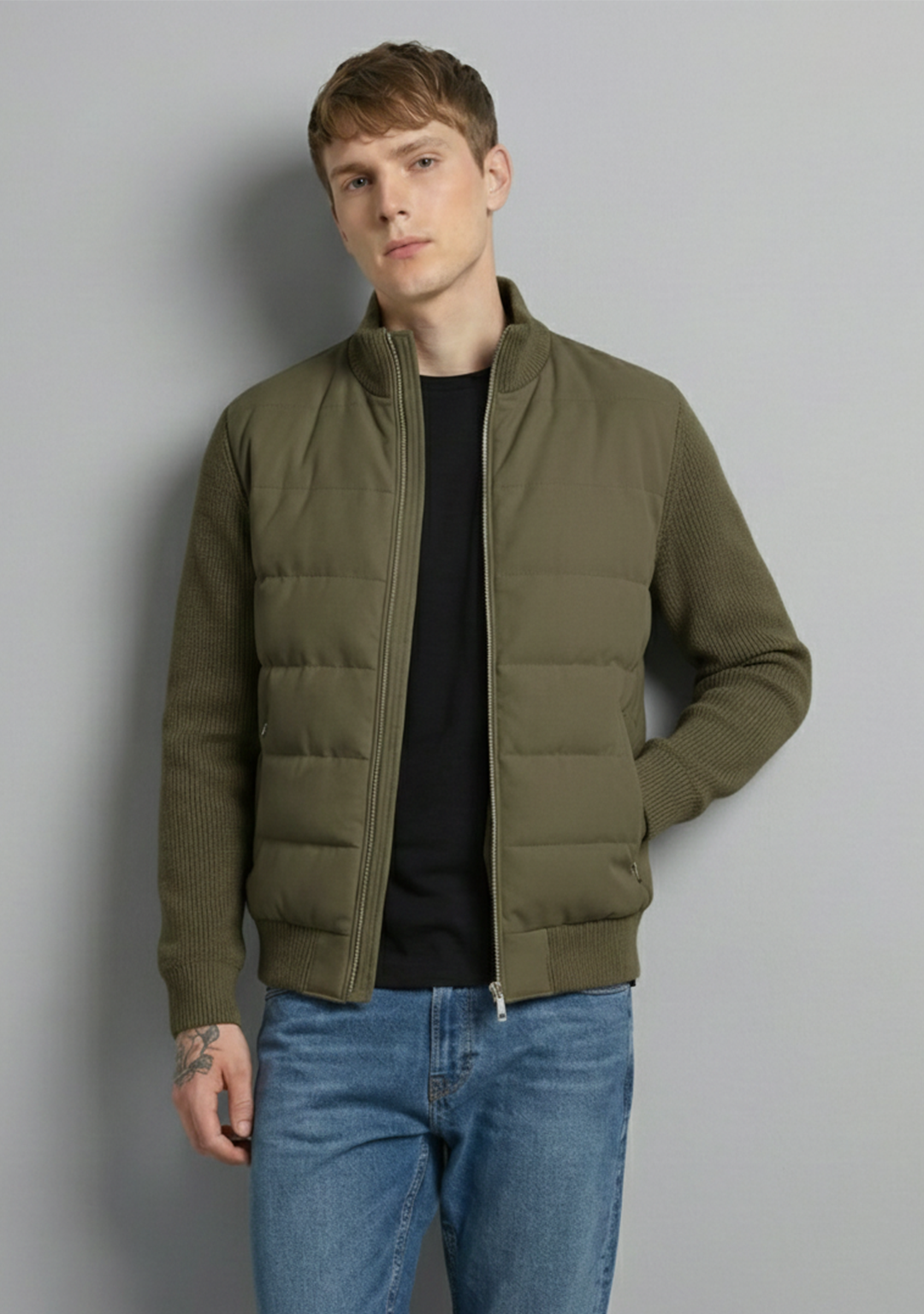 Hybrid Quilted Jacka med Ribbstickade Ärmar | Nils – Olivgrön