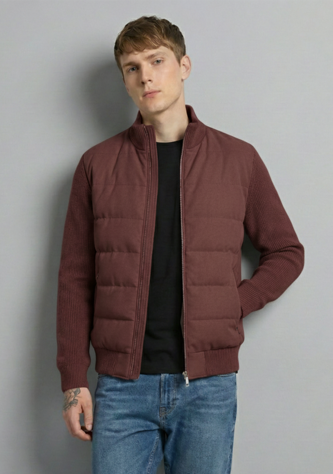 Hybrid Quilted Jacka med Ribbstickade Ärmar | Henrik – Vinröd