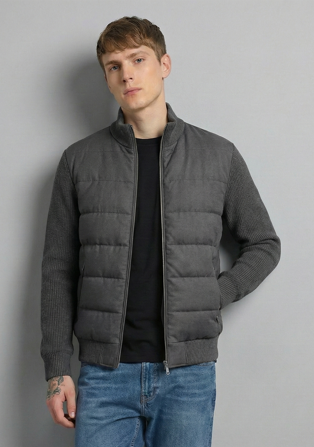 Hybrid Quilted Jacka med Ribbstickade Ärmar | Lukas – Mörkgrå