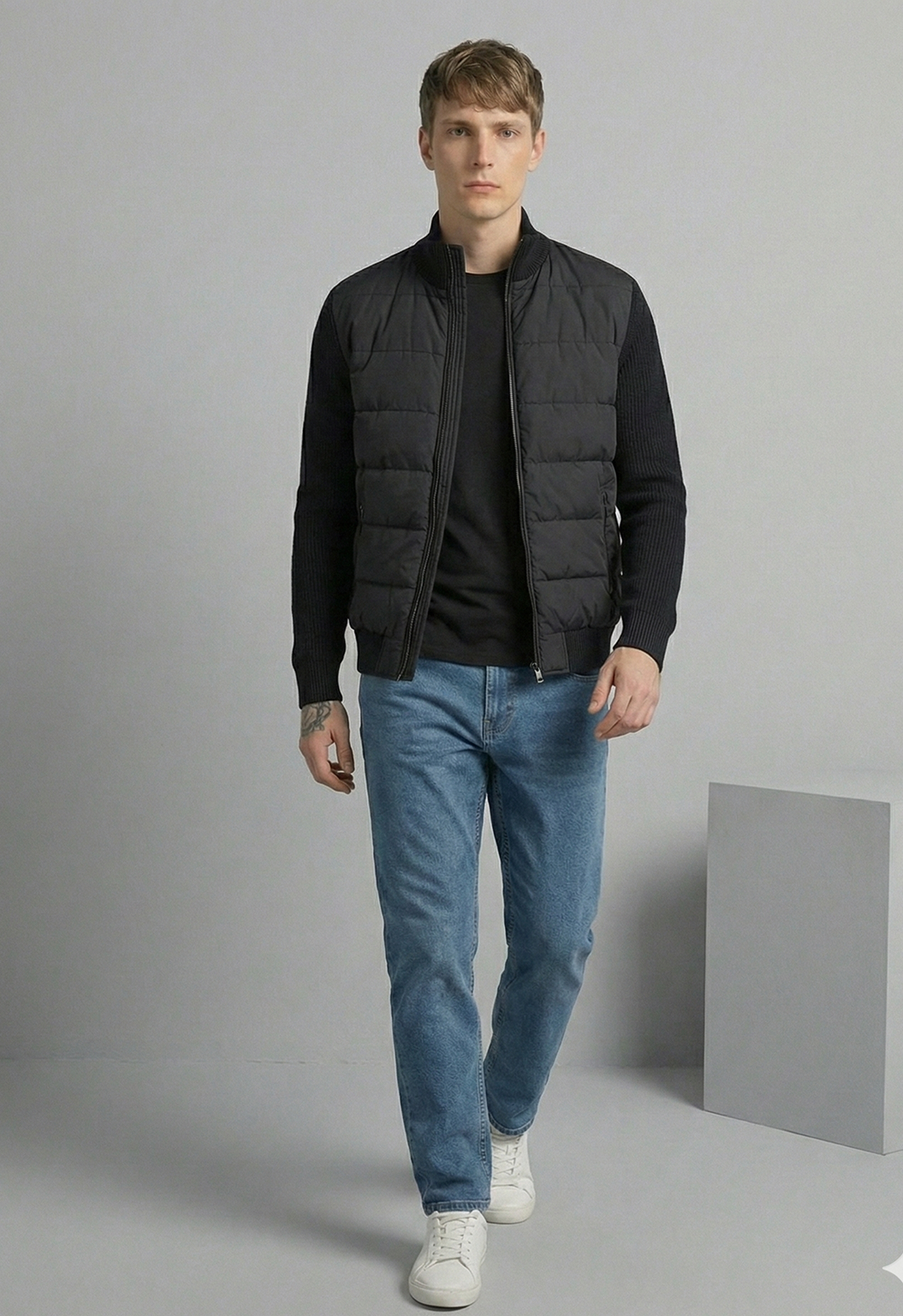 Hybrid Quilted Jacka med Ribbstickade Ärmar | Viktor – Kolsvart