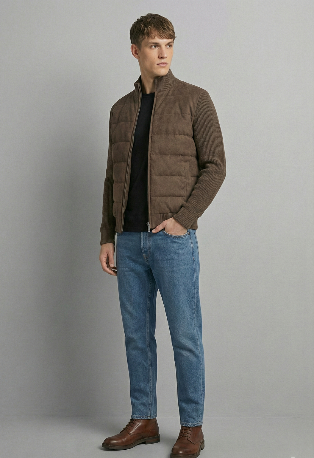 Hybrid Quilted Jacka med Ribbstickade Ärmar | Johan – Brun