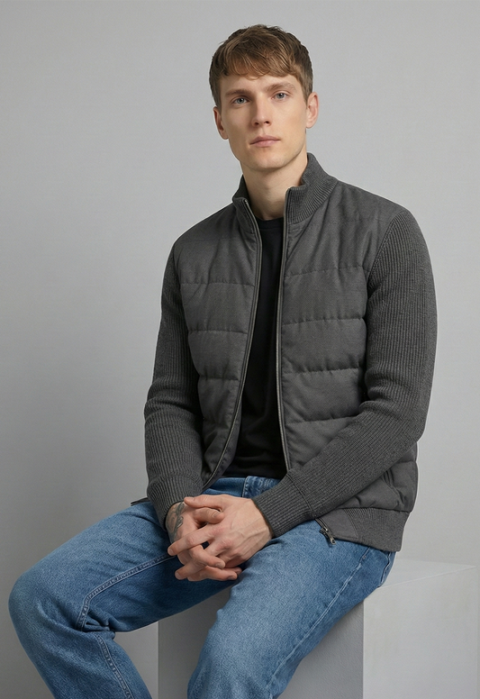 Hybrid Quilted Jacka med Ribbstickade Ärmar | Lukas – Mörkgrå