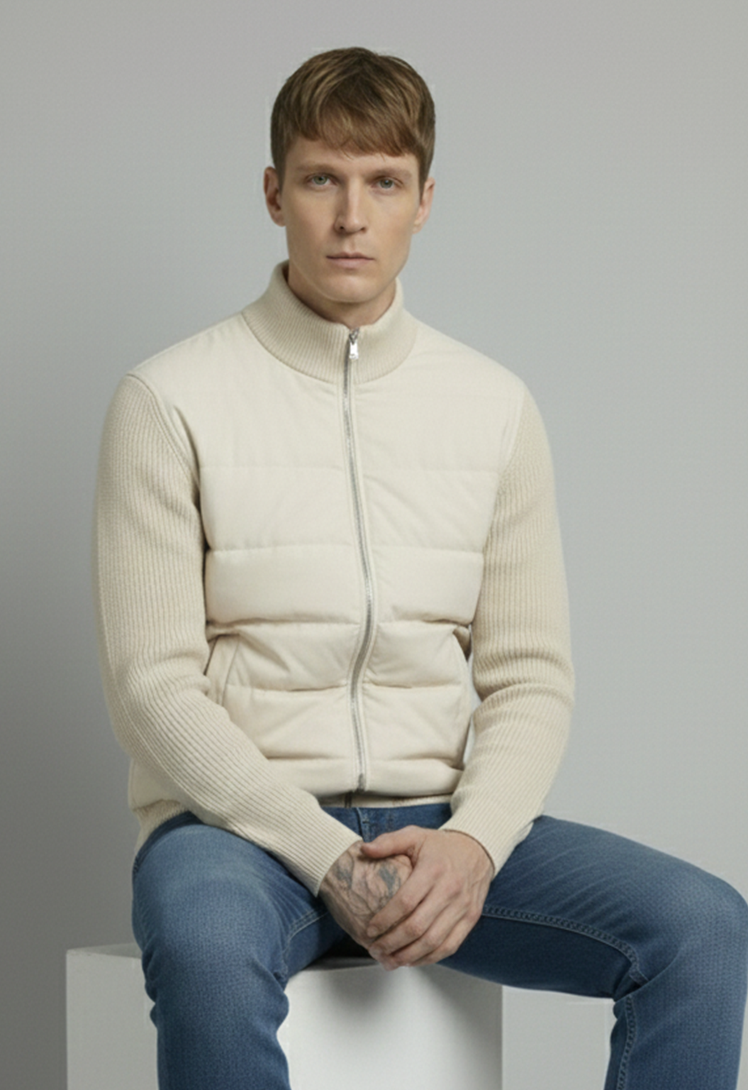 Hybrid Quilted Jacka med Ribbstickade Ärmar | Albin – Vit