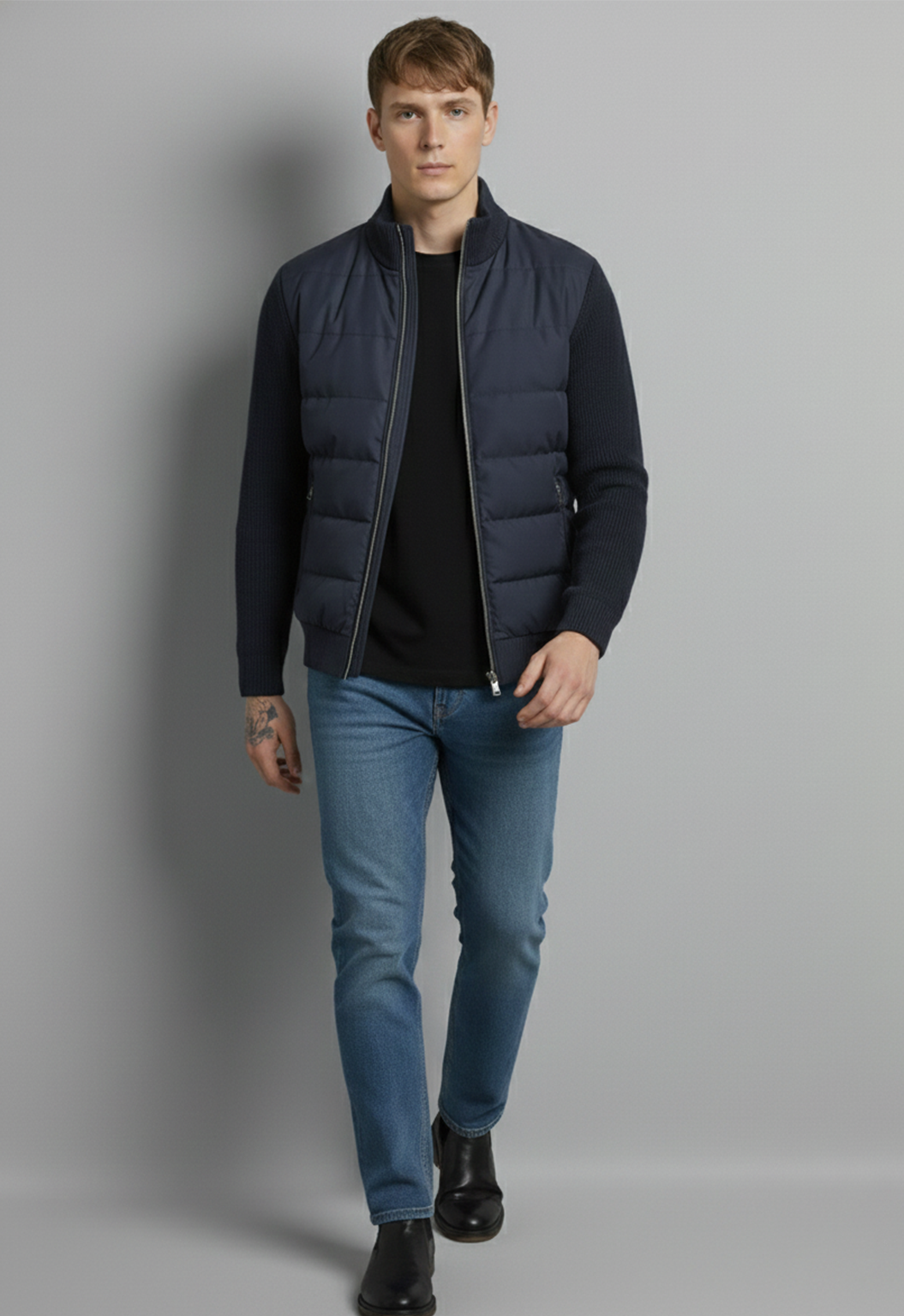 Hybrid Quilted Jacka med Ribbstickade Ärmar | Anton – Svart