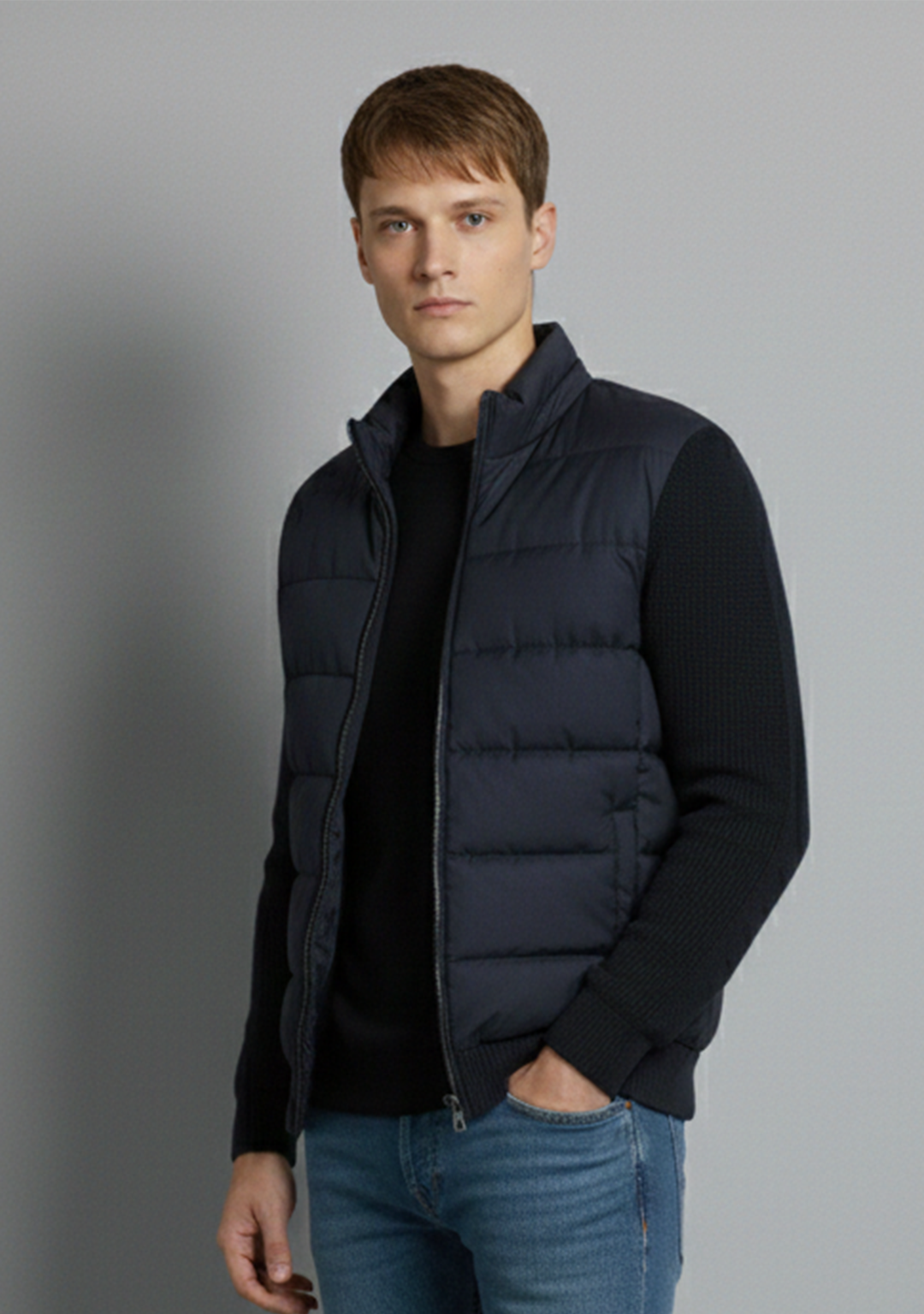 Hybrid Quilted Jacka med Ribbstickade Ärmar | Anton – Svart