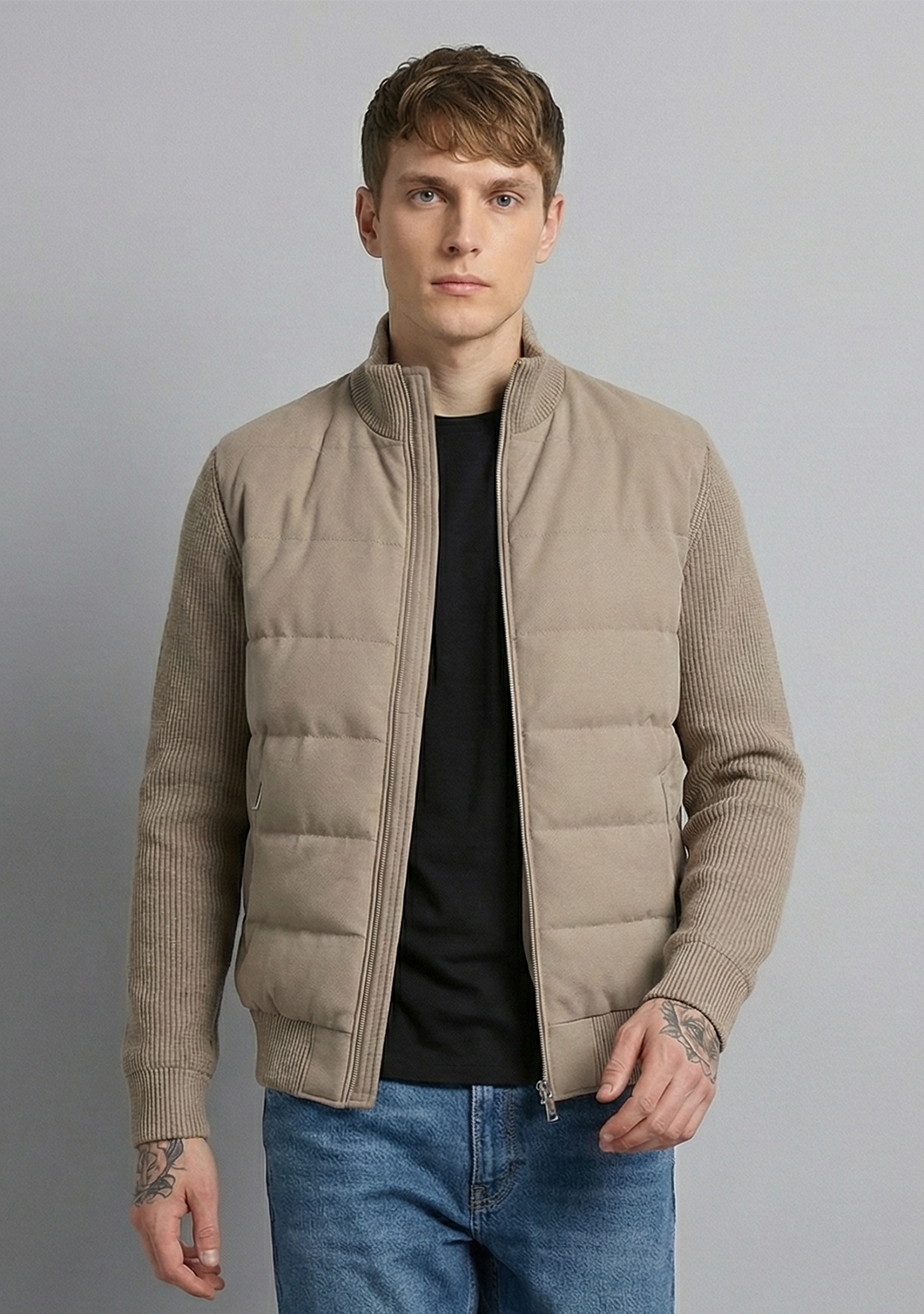 Hybrid Quilted Jacka med Ribbstickade Ärmar | Elias – Beige