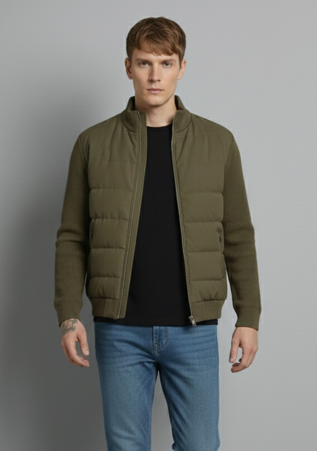 Hybrid Quilted Jacka med Ribbstickade Ärmar | Nils – Olivgrön