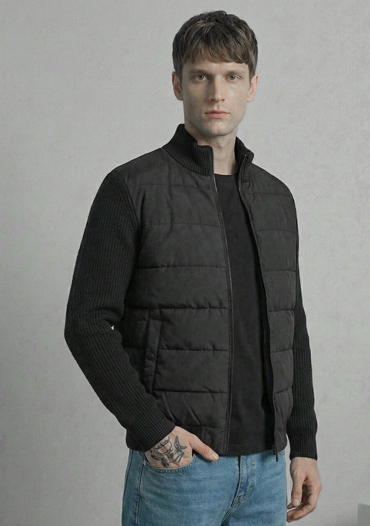 Hybrid Quilted Jacka med Ribbstickade Ärmar | Viktor – Kolsvart