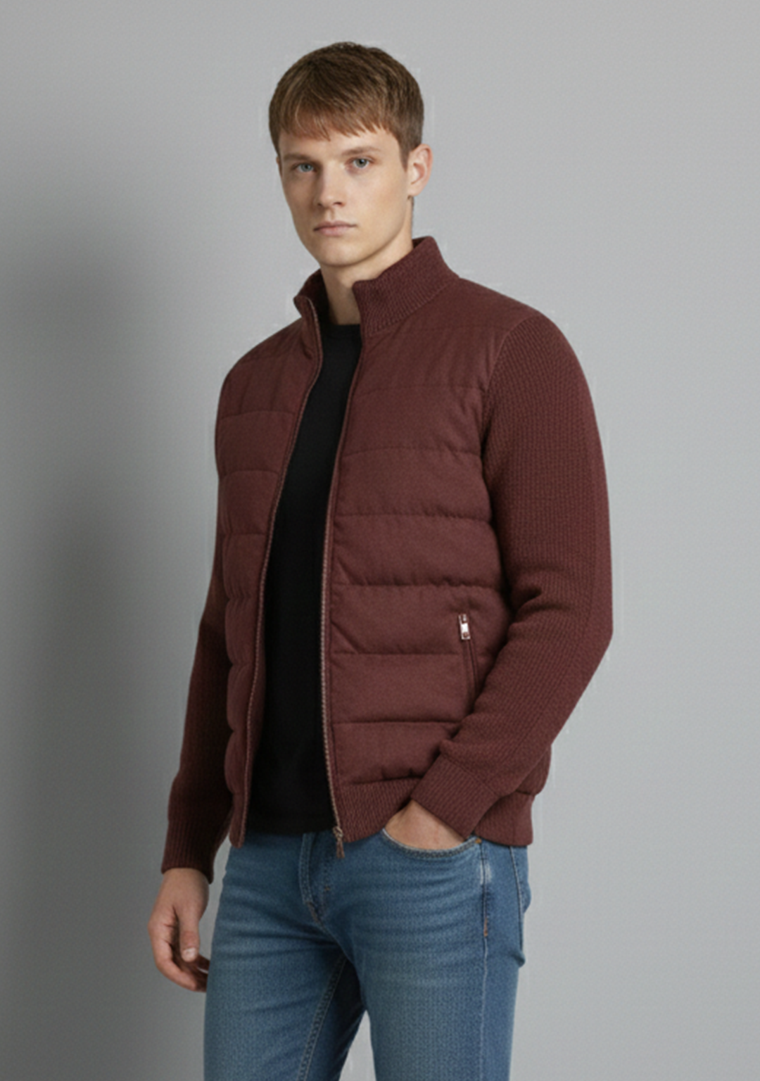 Hybrid Quilted Jacka med Ribbstickade Ärmar | Henrik – Vinröd