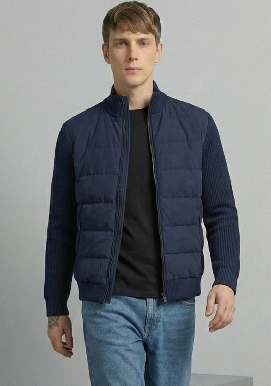 Hybrid Quilted Jacka med Ribbstickade Ärmar | Oskar – Marinblå