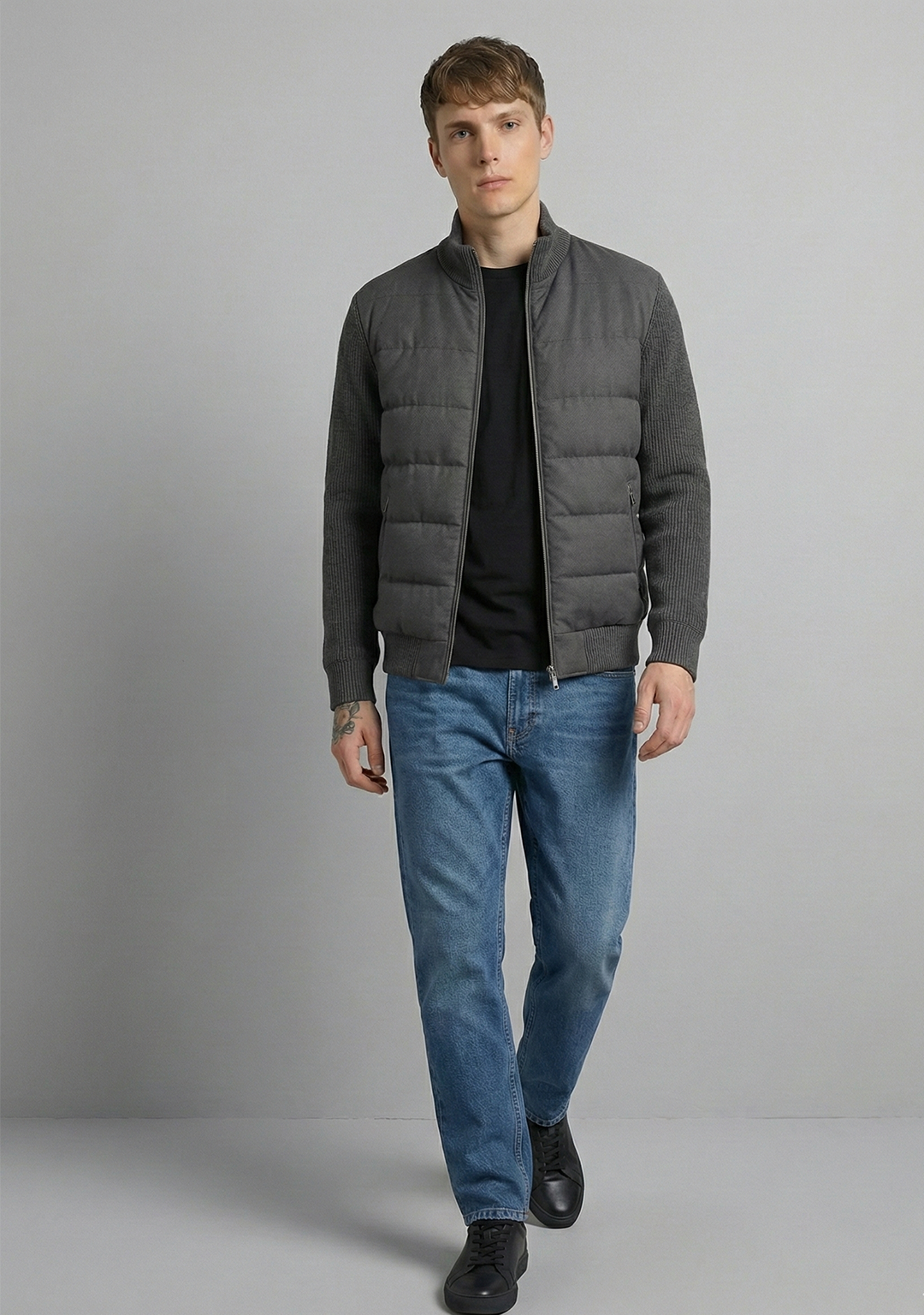 Hybrid Quilted Jacka med Ribbstickade Ärmar | Lukas – Mörkgrå