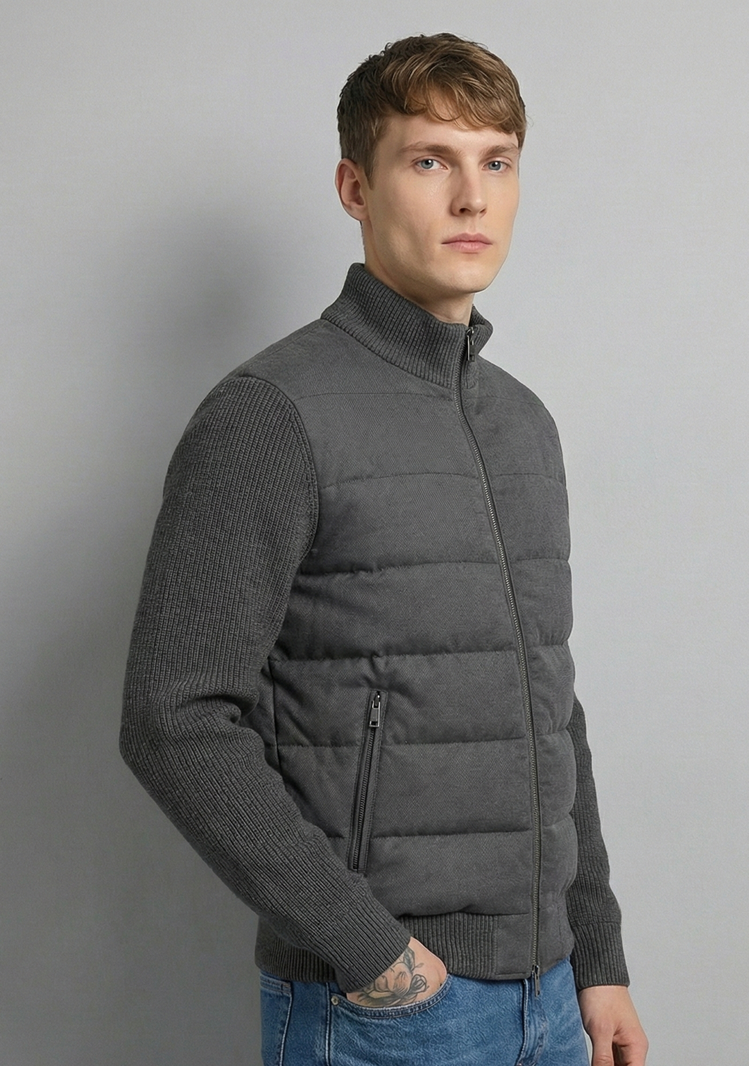 Hybrid Quilted Jacka med Ribbstickade Ärmar | Lukas – Mörkgrå